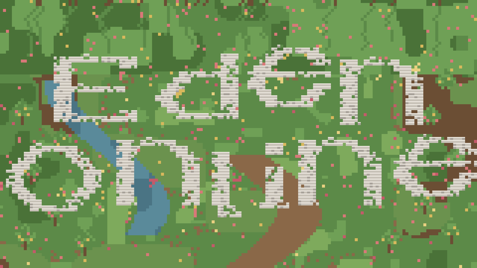 Eden Online. A stone wordmark in a voxel garden.